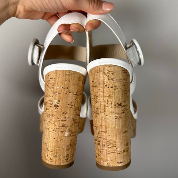 NeroGiardini White & Tan Cork Buckle Patent Leather Platform Heels Women's 11 - Picture 8 of 11
